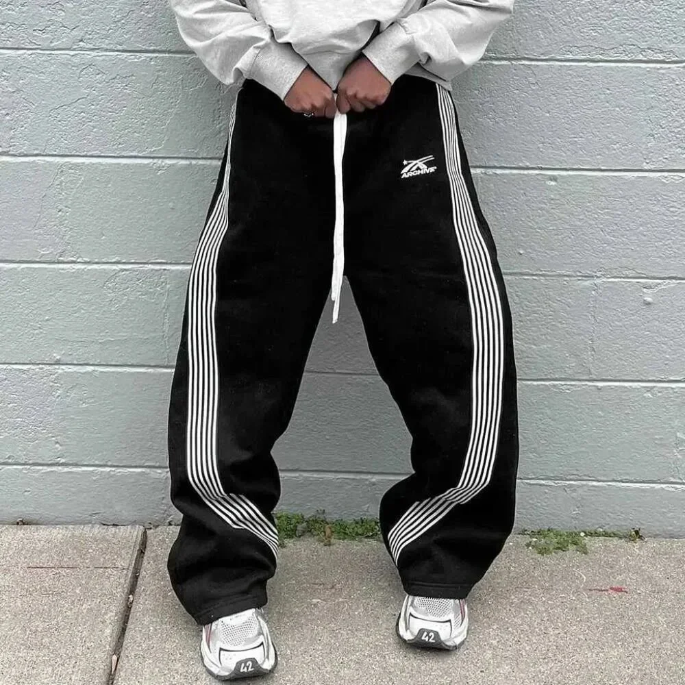 Y2K Black pants vintage Harajuku double Embroidered waist Sweatpants Men Hip Hop - Picture 2 of 3